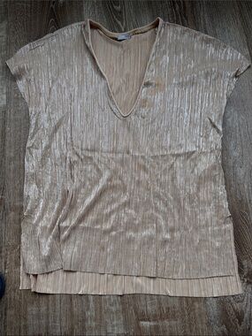 Zara Metallic Pleated V-Neck Tunic in Champagne Beige